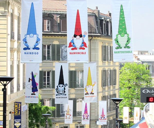 Banderolles, décoration nains naiconnu dans les rues de Lausanne